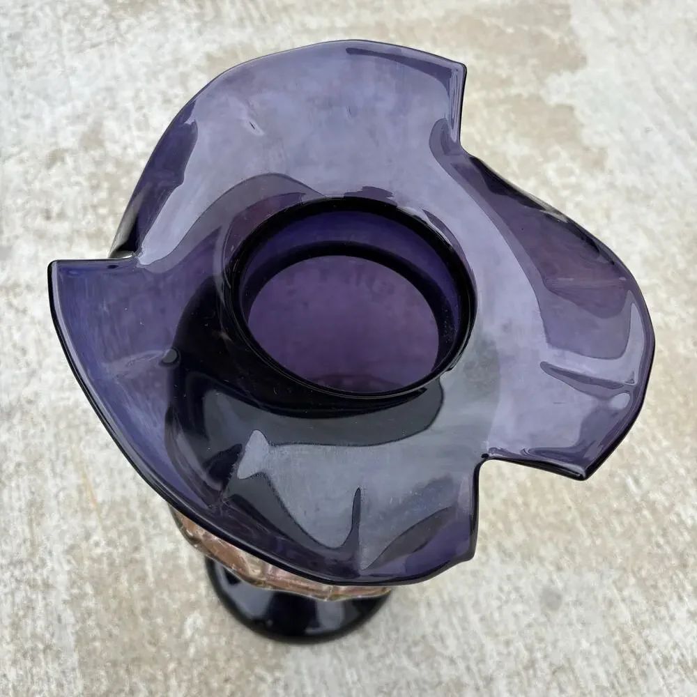Blenko Cobalt Glass Bodice with a Swirling lobe form of copper tone Vase 16”